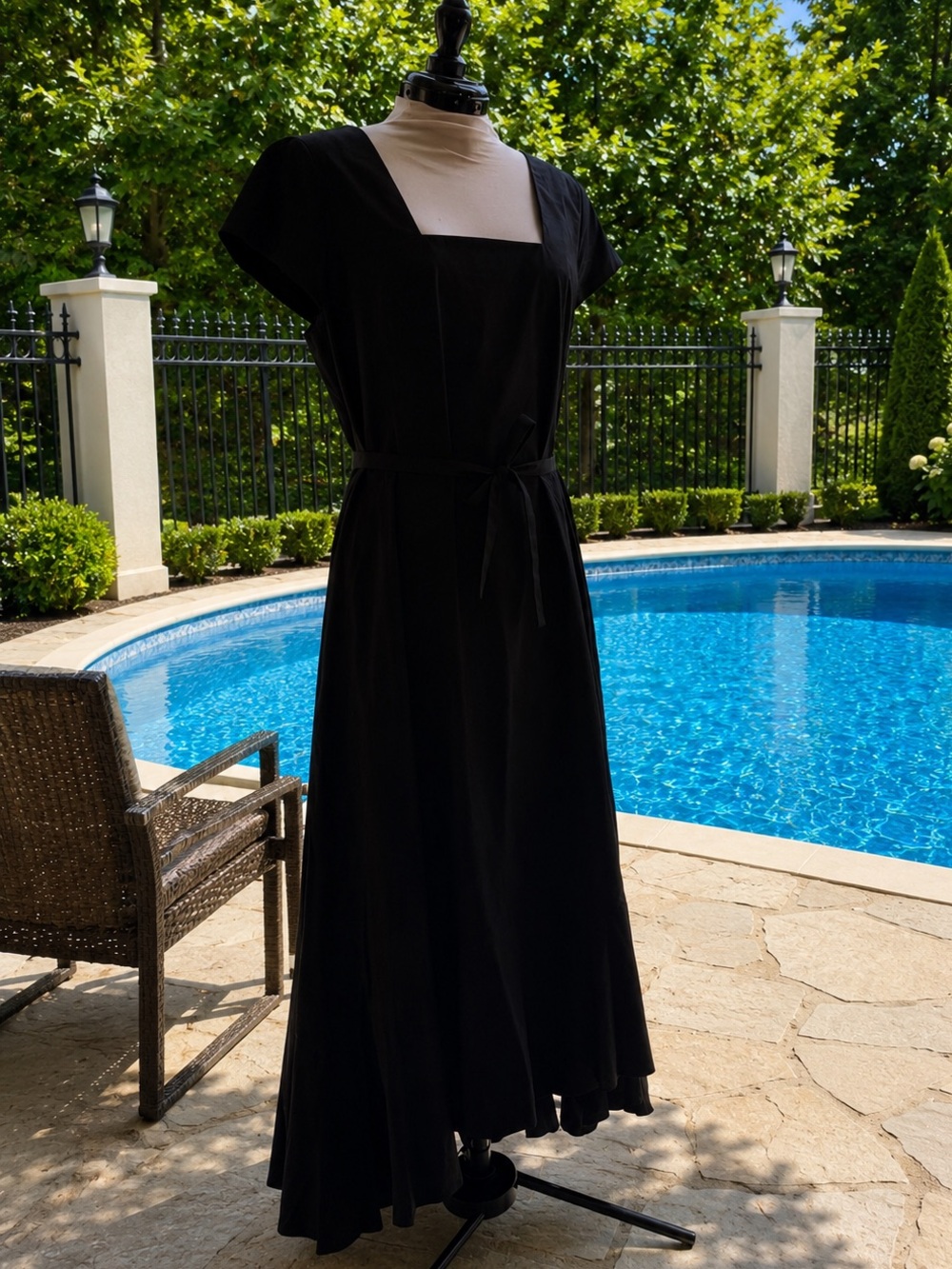 Universal Standard Black Square-Neck Maxi Dress with Waist Tie